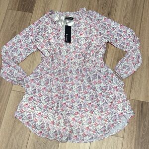 Allegra K NWT L pink purple Floral smocked waist lined long sleeve mini dress